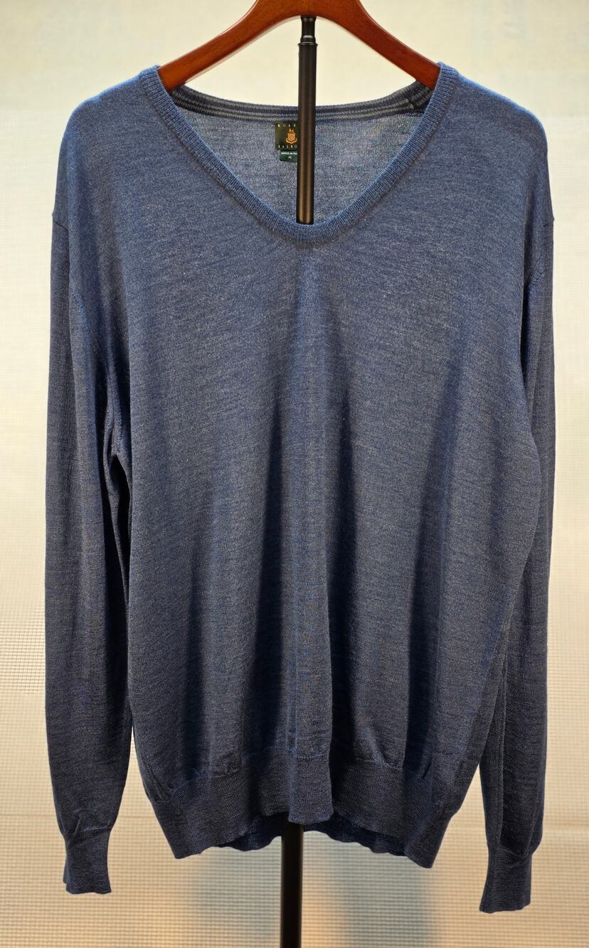 Robert Talbott Men's XL Blue V-Neck Sweater Merino Wool Silk Italy Knit Luxury